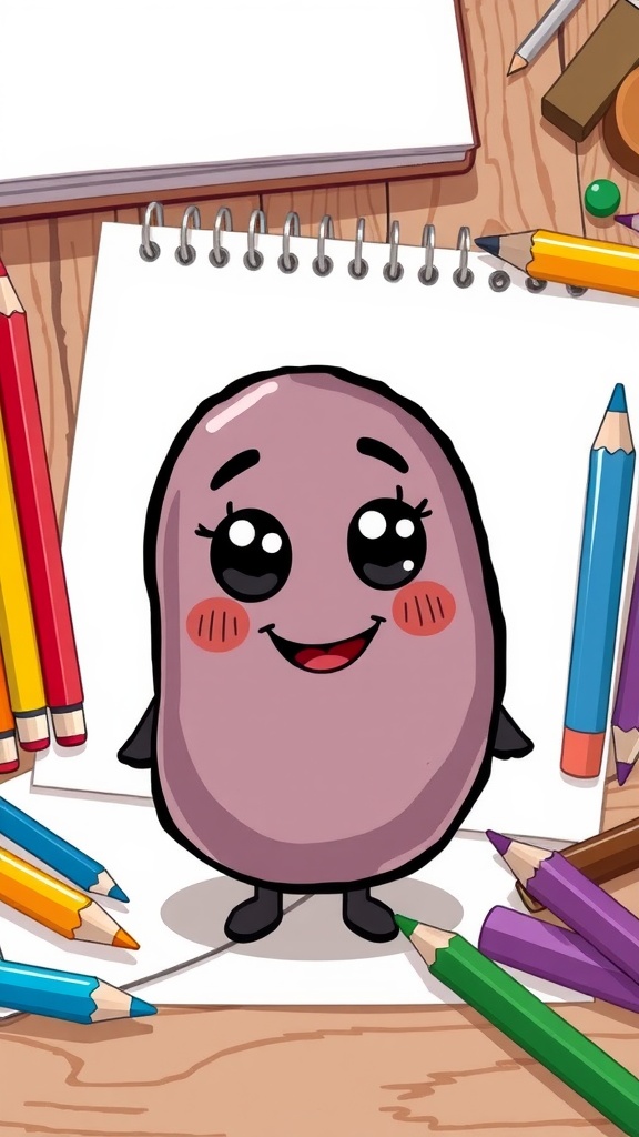 A cute bean drawing with a smile, surrounded by art supplies.